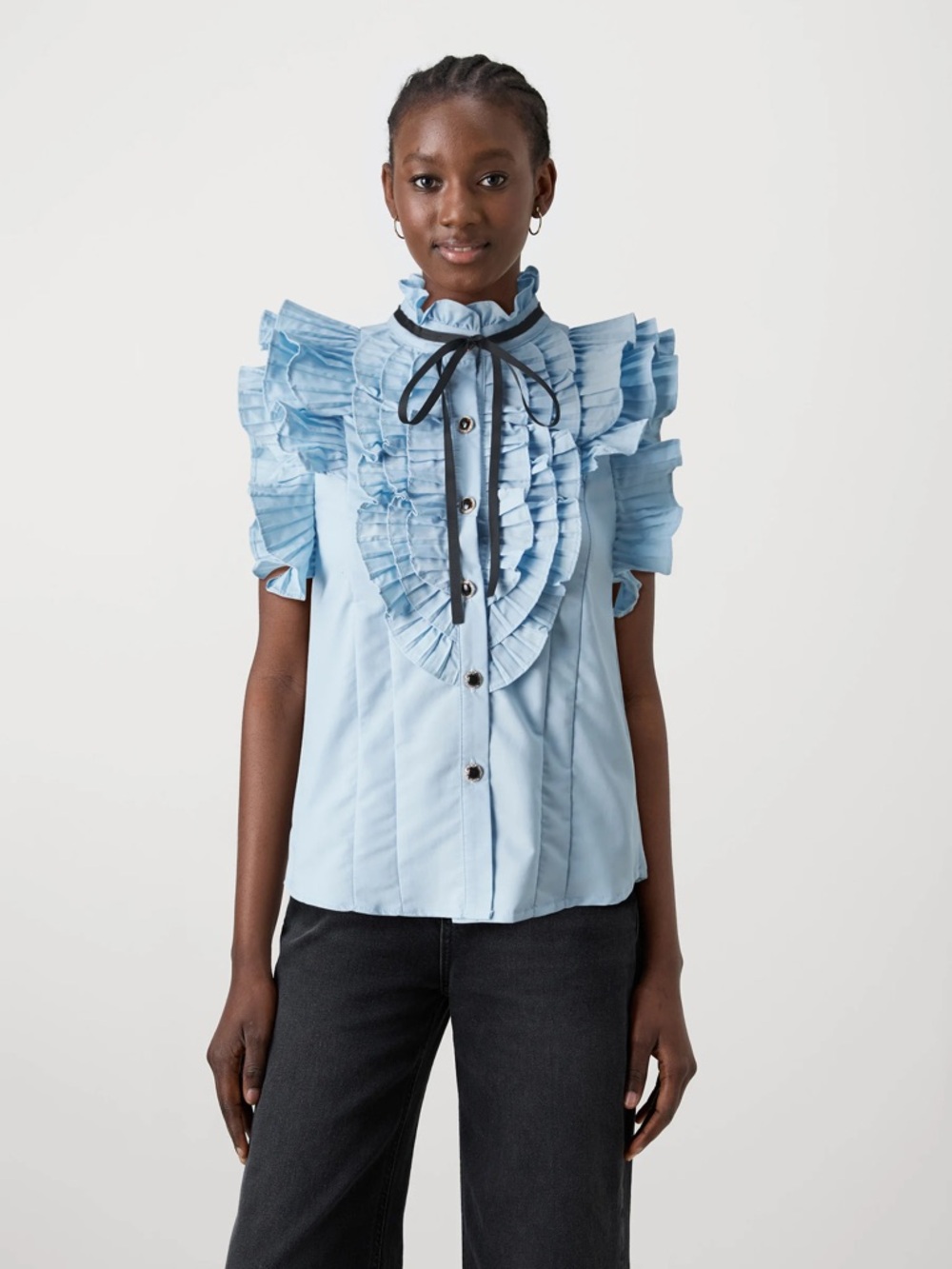 Sister Jane Pale Blue Ruffle-Front Puff Sleeve Blouse with Black Neck Tie